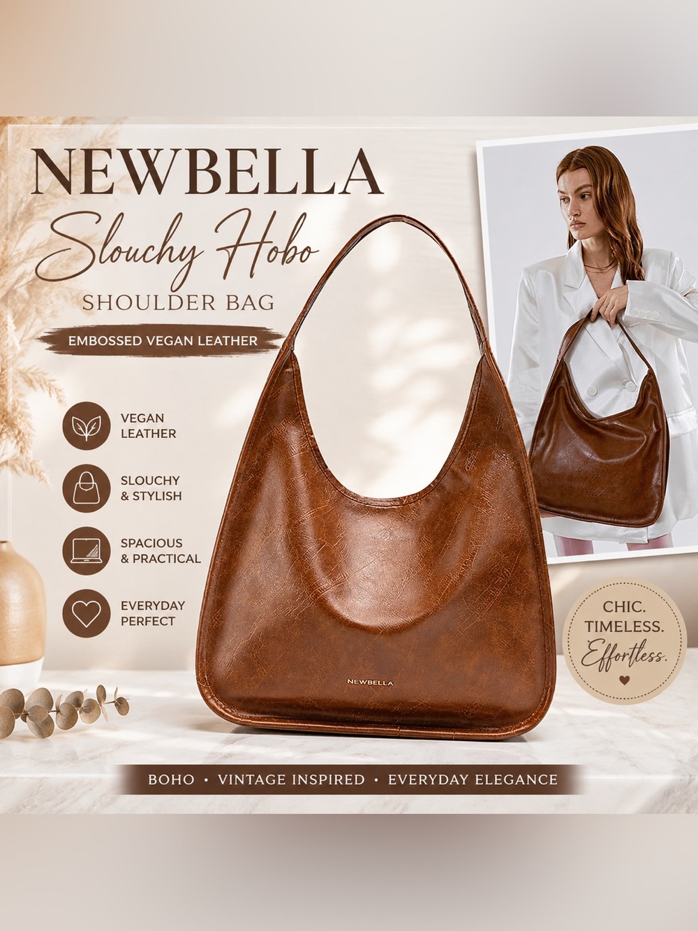 NEWBELLA Brown Embossed Vegan Leather Slouchy Hobo Shoulder Bag